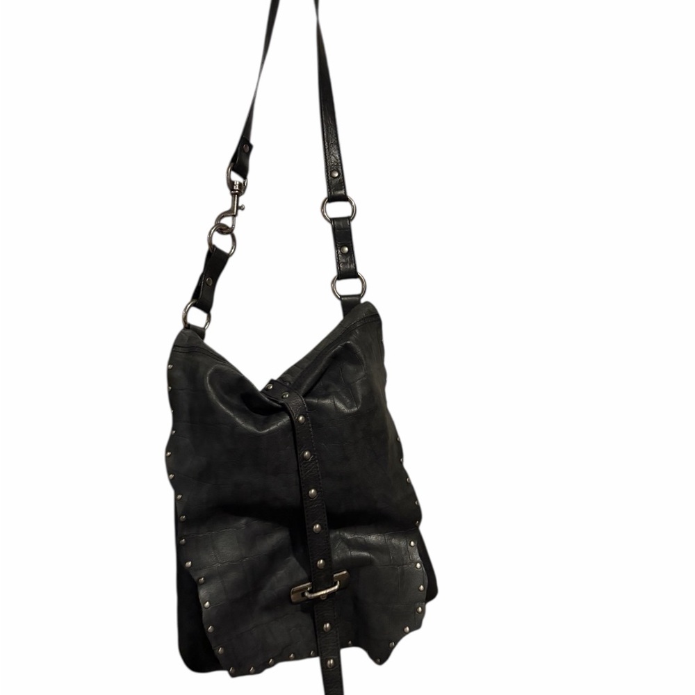 ABS Allen Schwartz Black Crocodile-Embossed Leather Studded Crossbody Bag - Picture 3 of 4